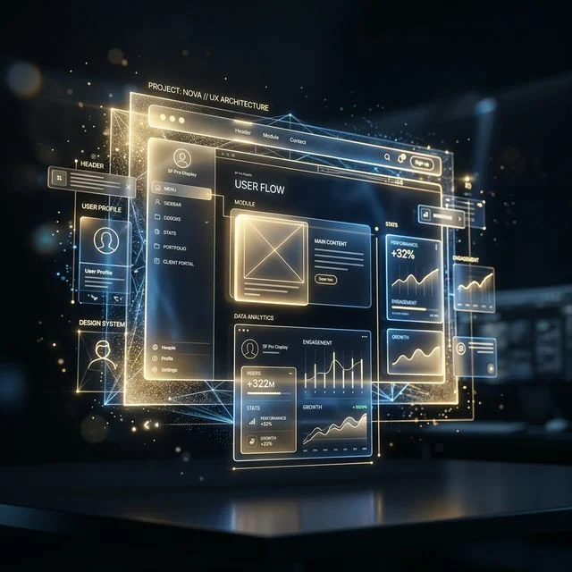 Holografisch scherm met professioneel websiteontwerp — illustratie van strategisch webdesign